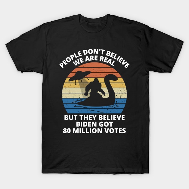 Funny Bigfoot With Loch Ness Monster Anti Joe Biden Humor T-Shirt by RayaneDesigns